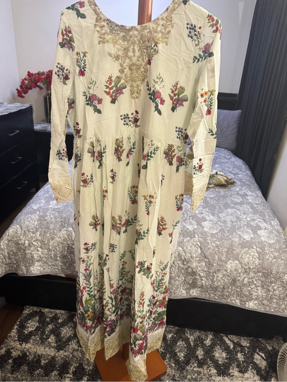 Floral Embroidered Cream Maxi Dress